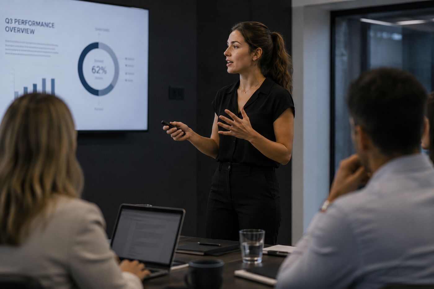 A professional presenting performance figures to colleagues in a boardroom