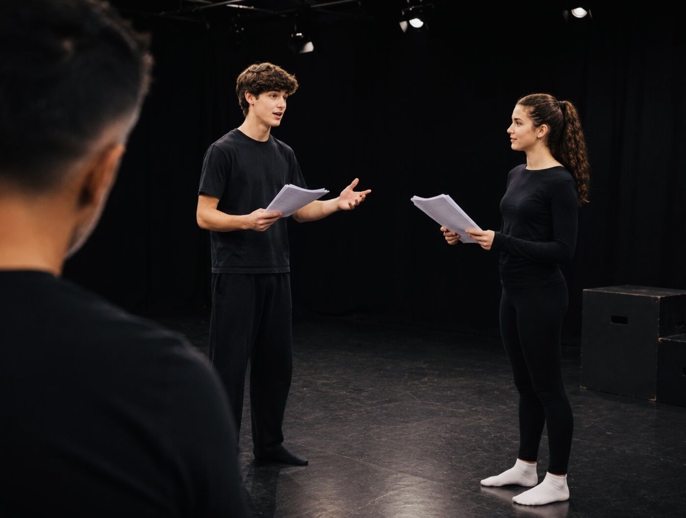 A Well Said teacher watching two students perform a scene